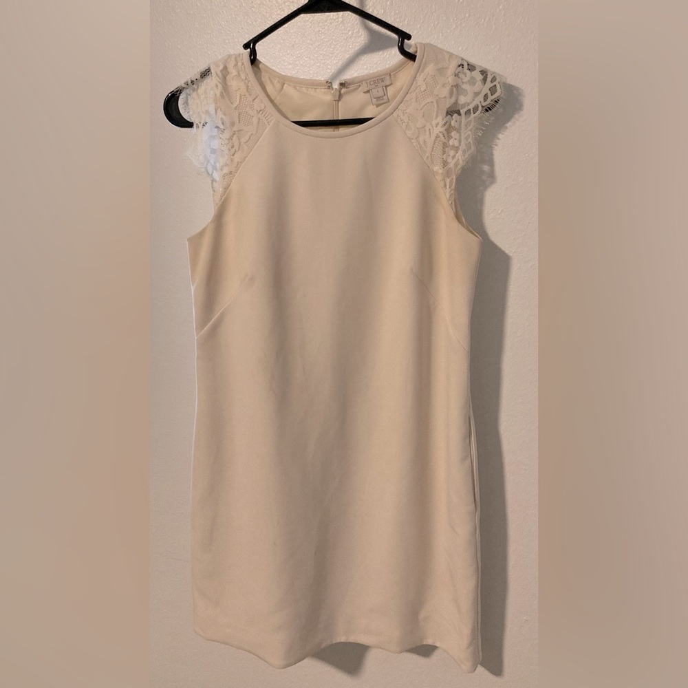 cream J Crew size 2 dress with lace sleeves and POCKETS